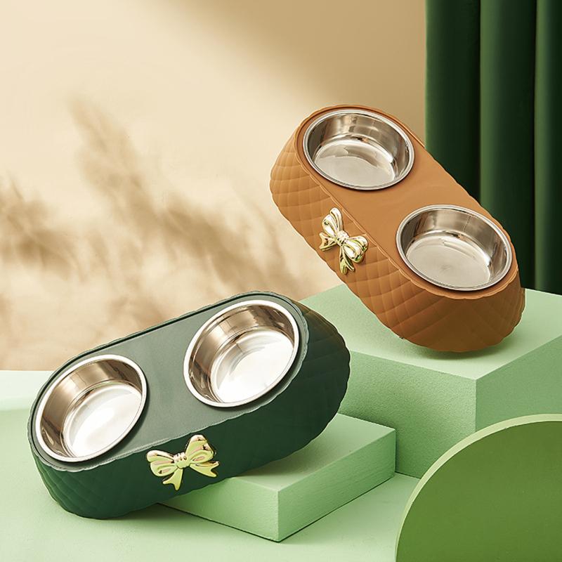 Pet Food Bowl Detachable 201 Stainless Steel Double Bowl Bow-tie Decoration Pet Accessories For Cats