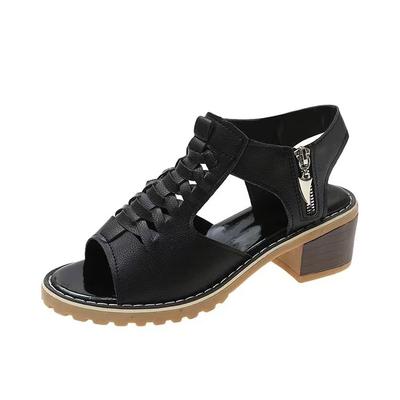 2025 Summer New Women's Shoes Korean Version Thick Heel Sandals Side Zipper Casual Wedge Heel Solid Color Thick Heel Large Size Sandals Women