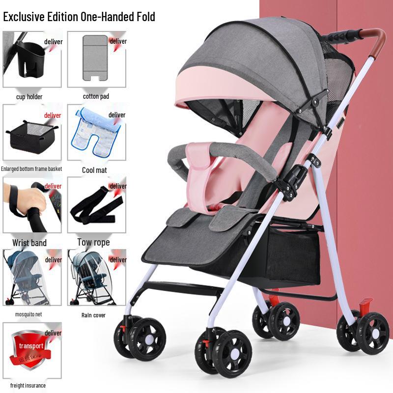 Lightweight Foldable Baby Stroller, Four-Wheeled, Convertible for Sitting or Lying, One-Button Fold Portable Design