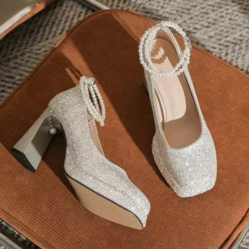 Fashion Single Shoes Spring New Style Square Head Shallow Mouth Sequin Beaded Line with Waterproof Platform High Heels