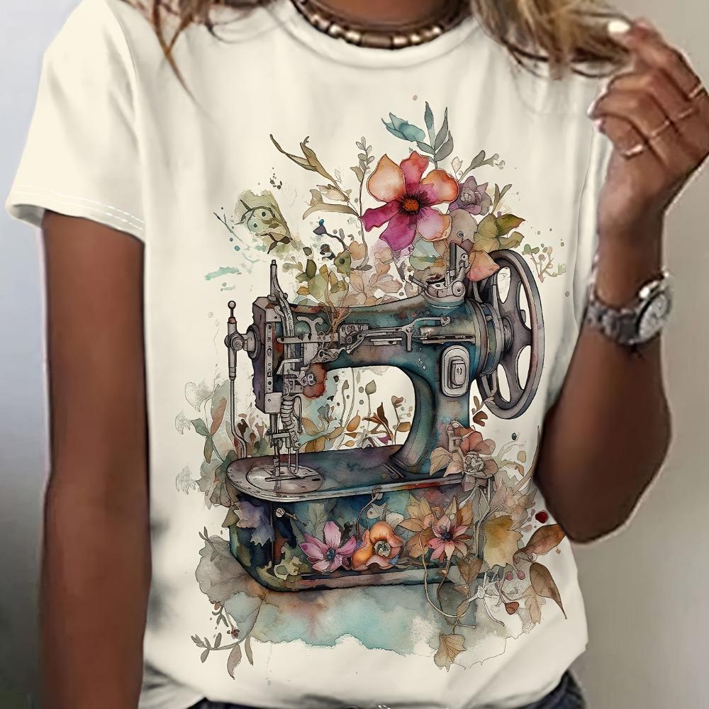 Elegant, Fashionable And Fresh Floral Print Summer Round Neck Women's Slim T-shirt Summer Casual Versatile Women's 2K Top