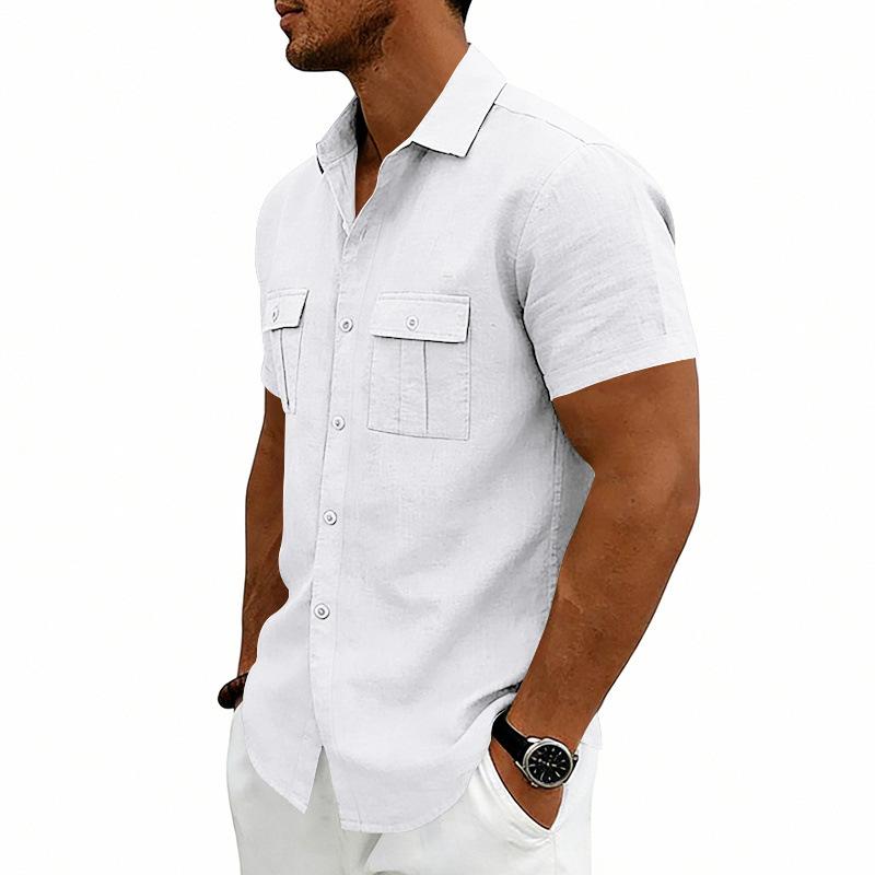 Men S American Casual Loose Short Sleeve Linen Work Shirt With Double Pockets