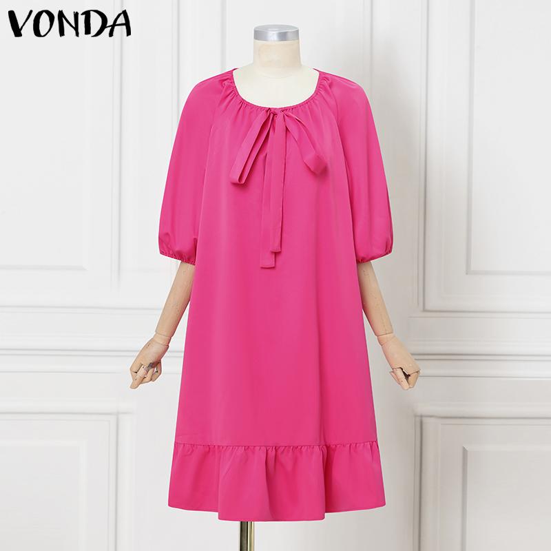 VONDA Women's Puff 3/4 Sleeve Sleeve Bow Knot Solid Color Loose Midi Dress