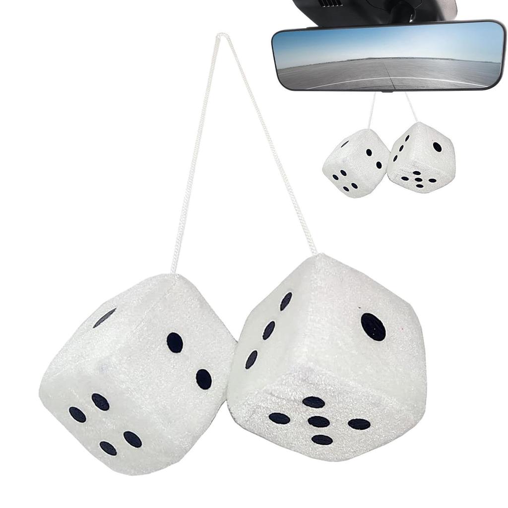 Car Mirror Fuzzy Dice, Pair of Retro Square Fuzzy Plush Dice with Dots, Plush