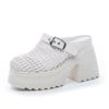 Fashion 10CM Air Mesh Weave Genuine Leather Breathable Sandals Chunky Heels Hollow Platform Wedge High Brand Shoes Summer Women Slipper