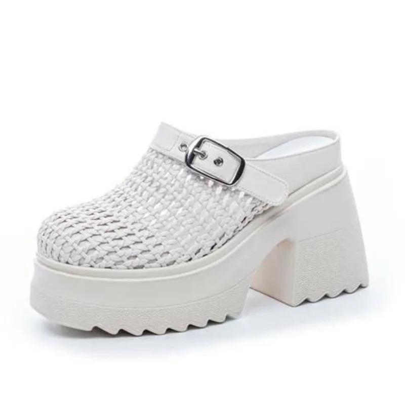 Fashion 10CM Air Mesh Weave Genuine Leather Breathable Sandals Chunky Heels Hollow Platform Wedge High Brand Shoes Summer Women Slipper