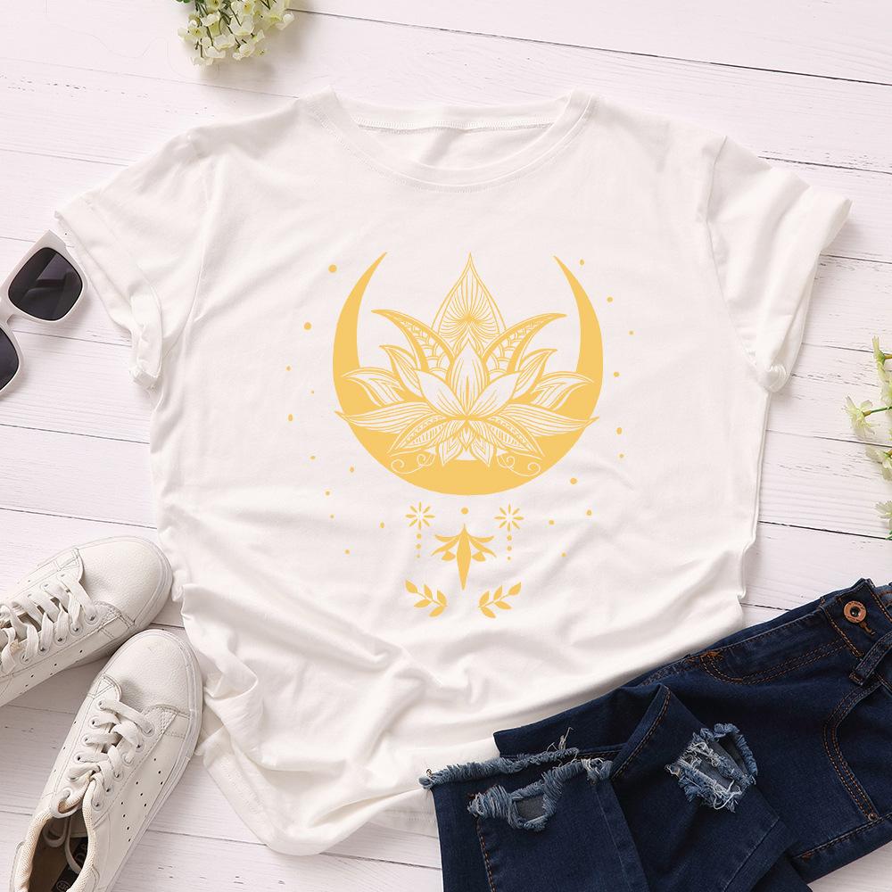 Creative Starry Sky Lotus Pattern Cotton Loose Round Neck Short Sleeved Women's T-shirts