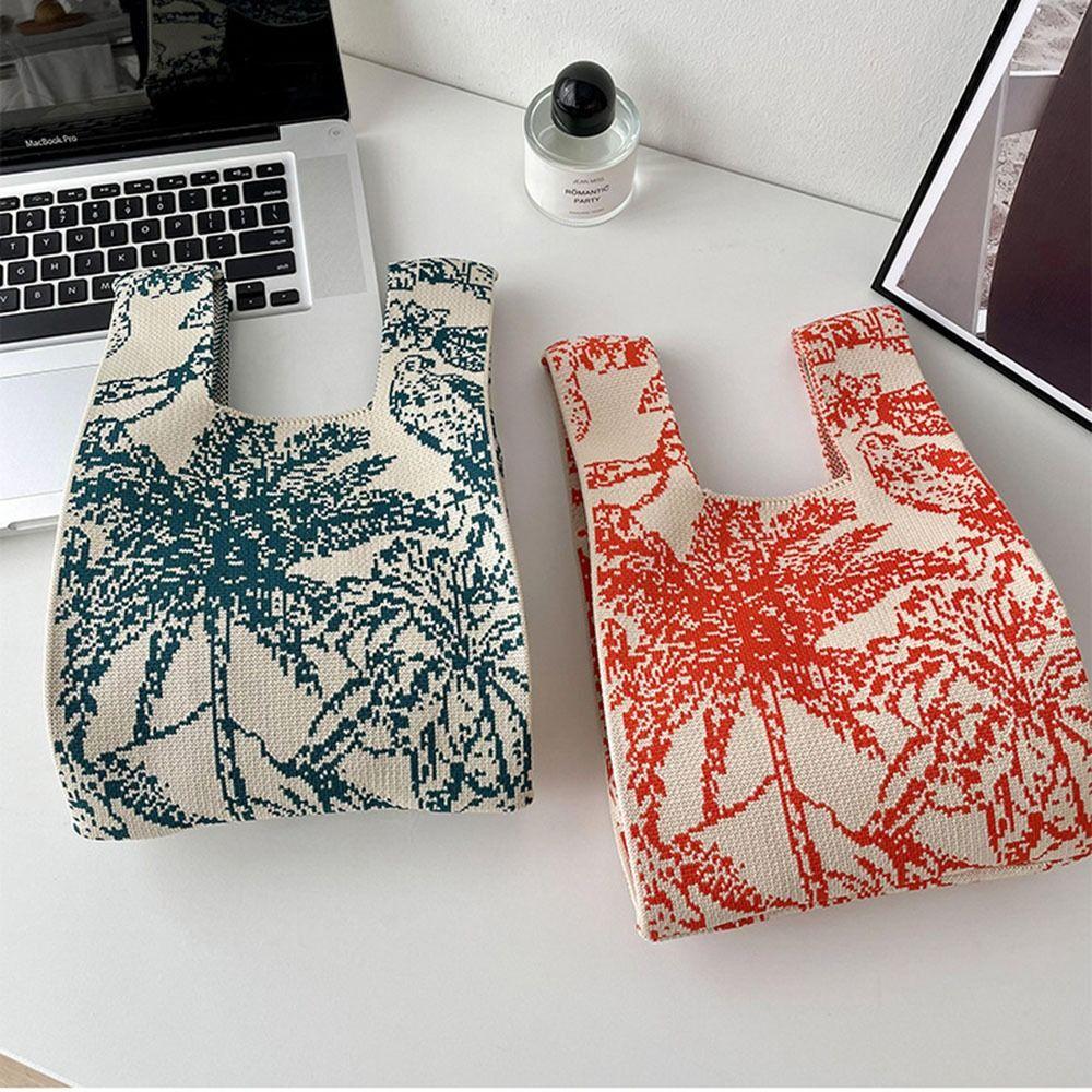 Reusable Mini Shoulder Bag Women Girls Casual Color Knot Wrist Bag Handmade Tote Bag Knit Handbag