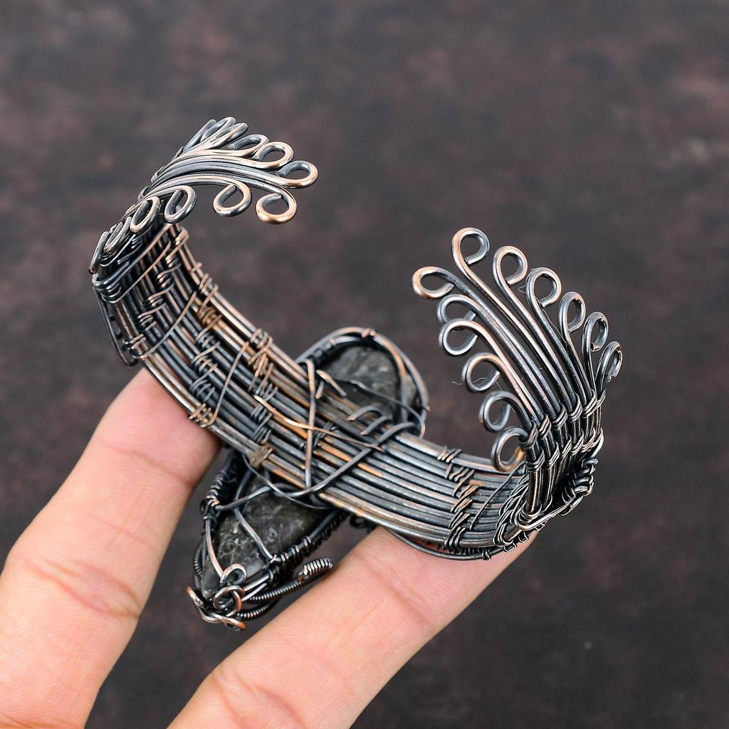 Orthoceras Fossil Cuff Bracelet Copper Wire Wrapped Bangle Handmade Gemstone Jewelry Adjustable Bangle Anniversary Gift Copper Wire Jewelry