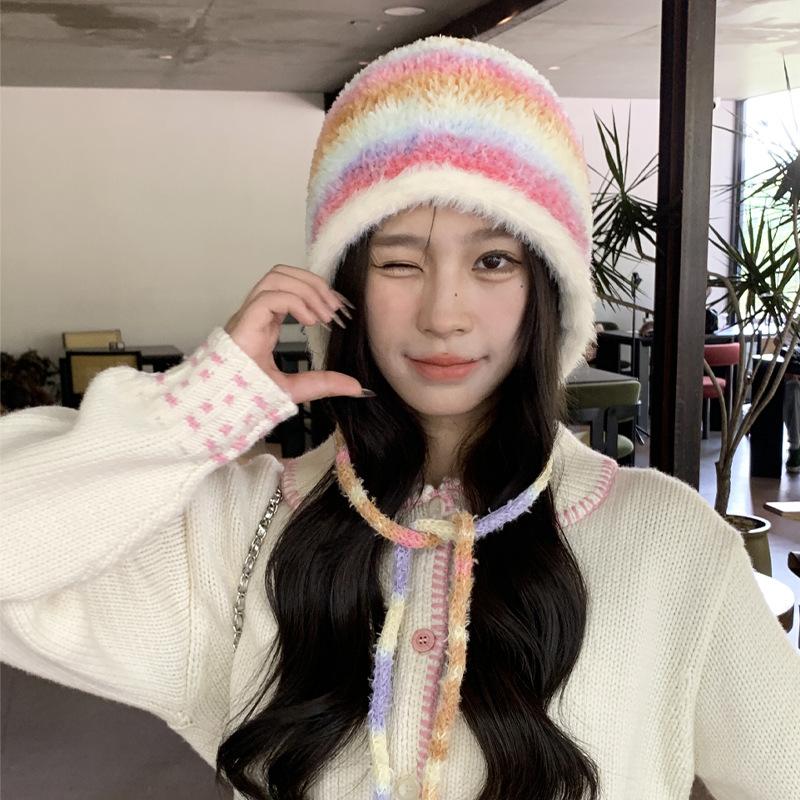 Winter Rabbit Hair New Rainbow Gradual Change Contrasting Color Ear Protector Wool Hat Women's Warm and Cold Plush Knitted Pullover Hat