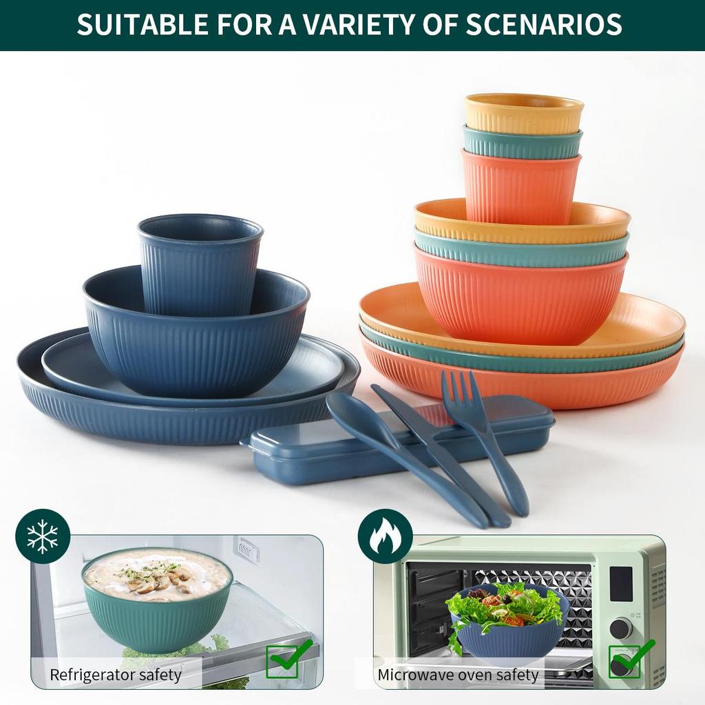 16-Piece Wheat Straw Dinnerware Set: Includes Plates, Rice Bowls, Cups, Spoons, and Forks.