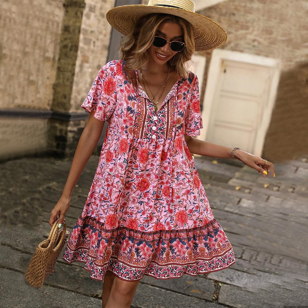 2026 Women's Small Floral V-Neck Loose Casual Bohemian Vacation Style Dress Large Size High-end Women's Clothing
