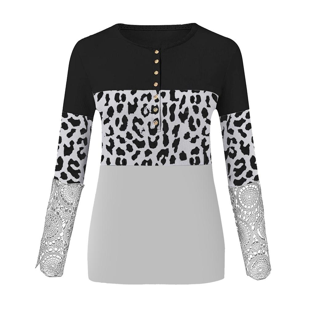 Women Fashion Patchwork Printing Lace Long Sleeve Casual Button Pullover Sweatshirt Top