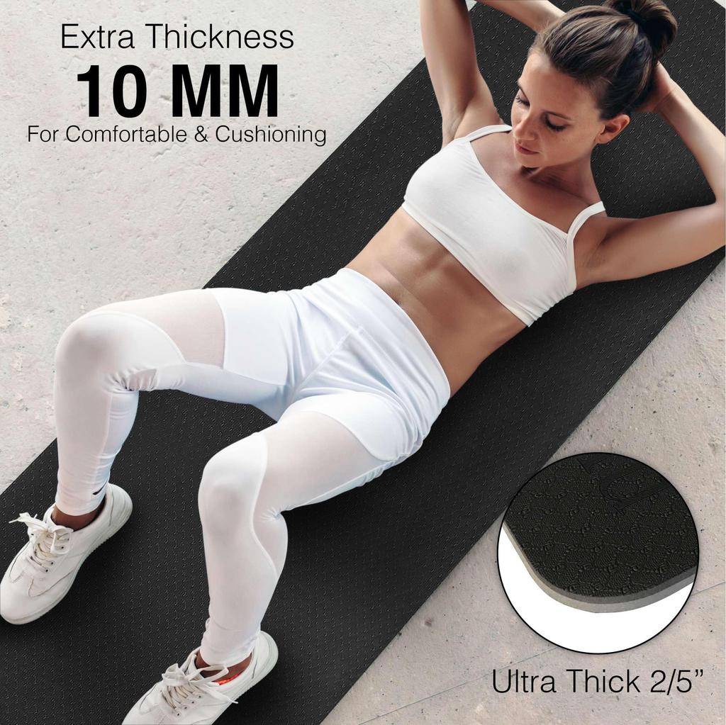 Feetlu Thick Yoga Mat with Straps inch Popular Thick Yoga Thick Stretching Pilates Mat 2/5 (10mm) - Mat, Mat, (Black/Gray)