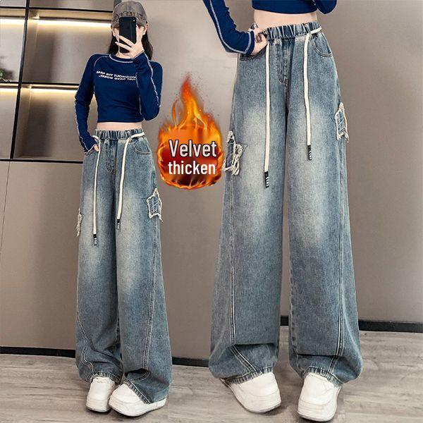 Dames Plus Size Losse Jeans met Hoge Taille en Wijde Pijpen, Slank Makende Student Fit