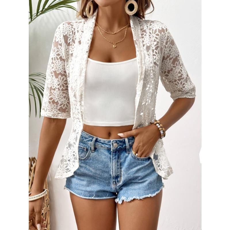 Elegant Women's Open Collar Contrast Lace Jacket - Lightweight Semi-Sheer Black & White Lace Panels, Spring Summer Fall Casual Chic Outerwear,