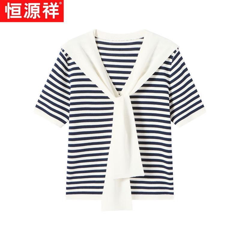 Hengyuanxiang Women's Striped Faux Two-Piece Short-Sleeve T-Shirt