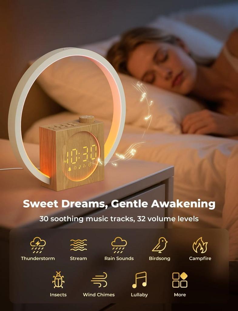 USB Charging RGB Sunrise Smart Table Clocks 12 Light Modes with White Noise Wake-Up Alarm Wood-Grain Finish Speakers