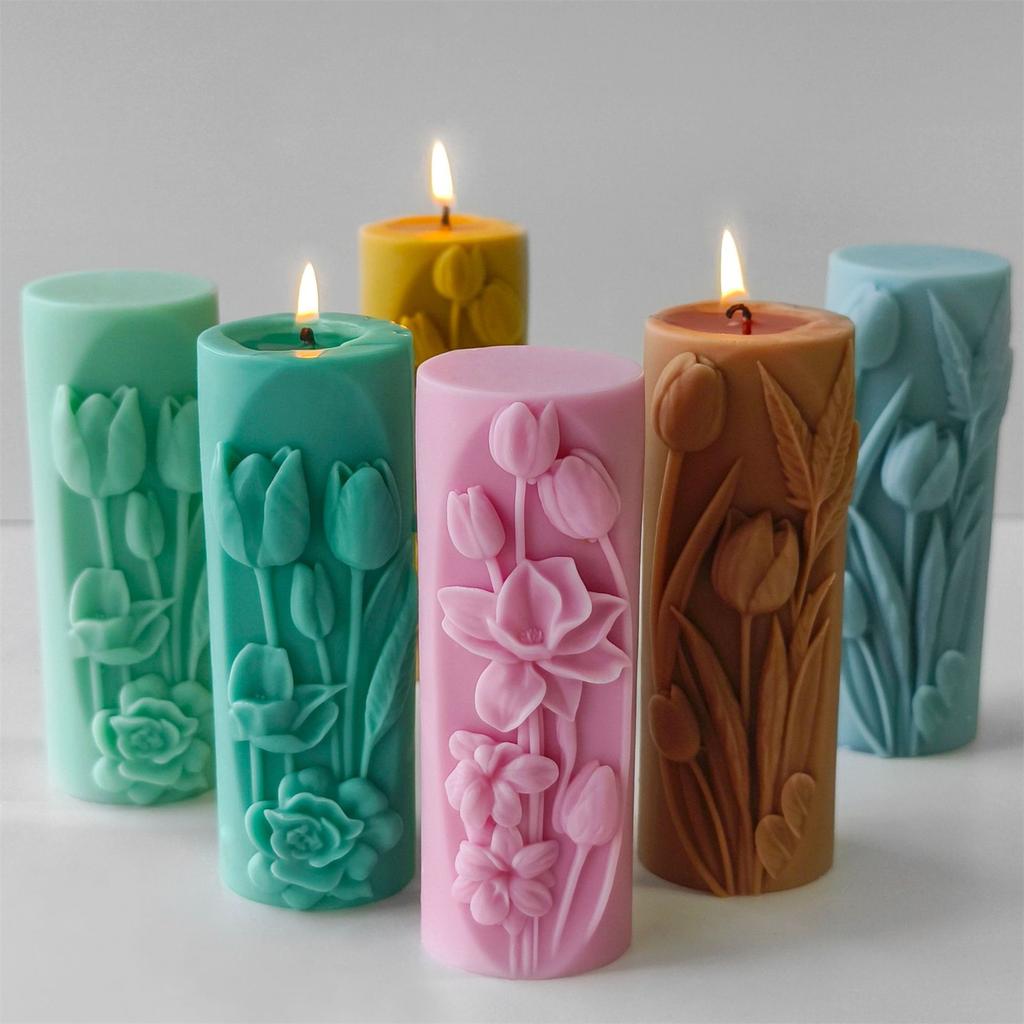Flowers Pillar Candle Molds Casting Molds Flower Cylinder Silicone Mould Ornament Molds Plasters Molds Epoxy Resin Molds