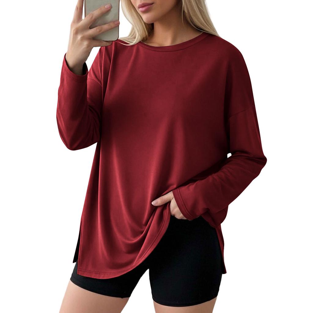 Women Casual Loose Fit Long Sleeve T Shirt Split Hem Crew Neck Plain Pullover Top Lightweight Comfortable Fabric