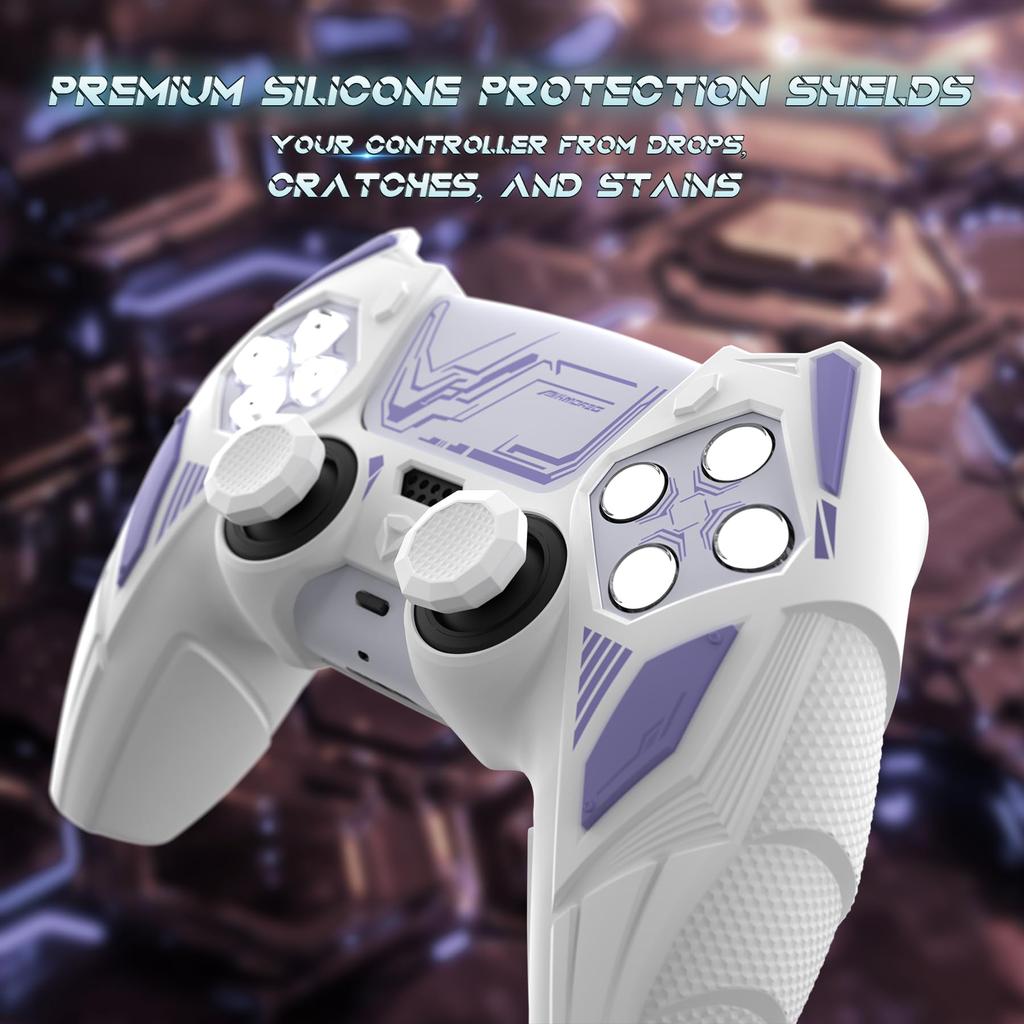 PlayVital PS5 Controller Silicone Mecha Rhino Shockproof Protective Easy Includes Thumb Grips and Compatible with Charging White and Light Purple