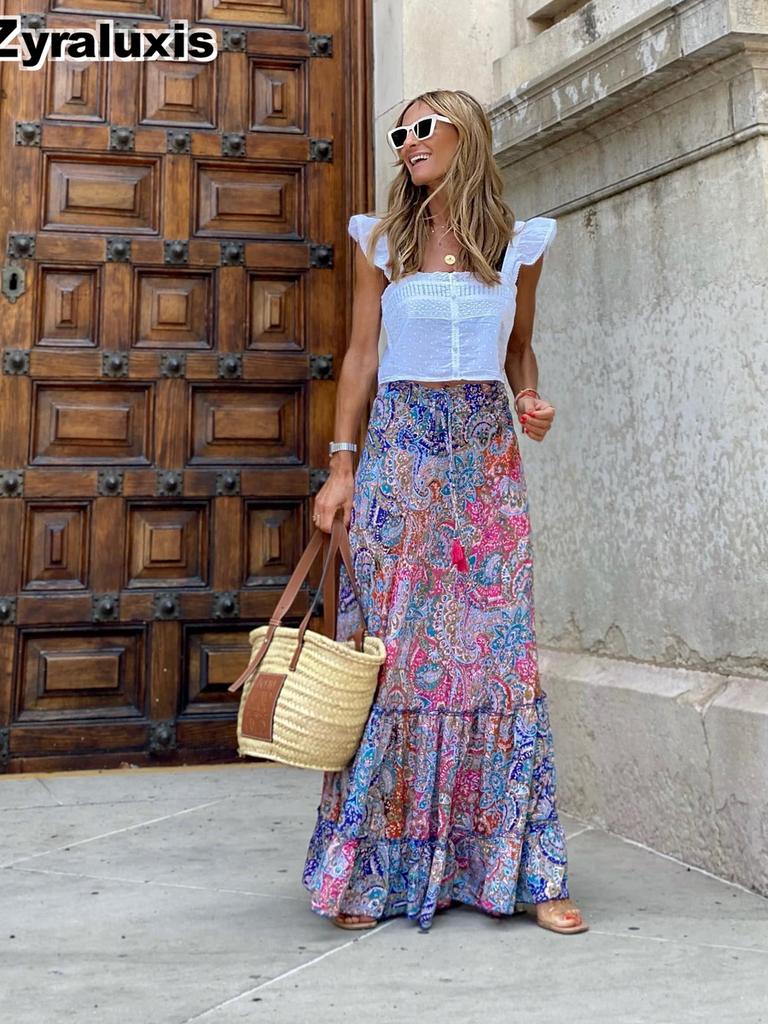 Floral Print Midi Skirt Women Summer Casual Vacation Maxi Dress