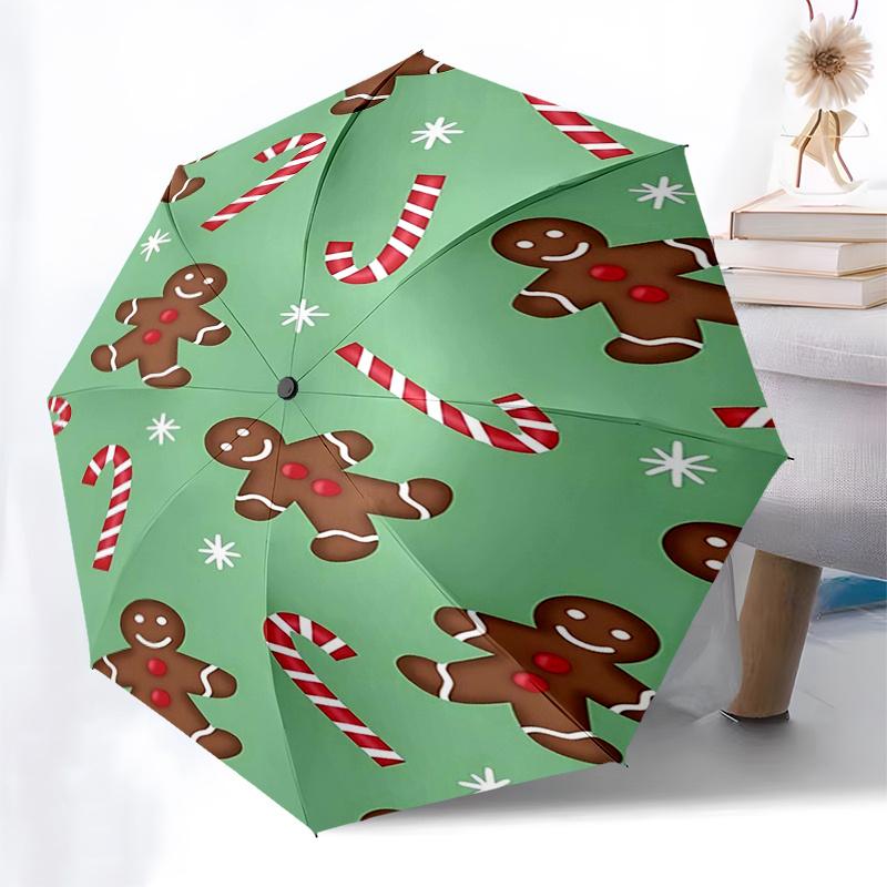 Parapluie de voyage sur le thème du bonhomme en pain d'épice - 8 baleines, ouverture et fermeture automatiques, design pliable portable, parapluie compact et élégant adapté