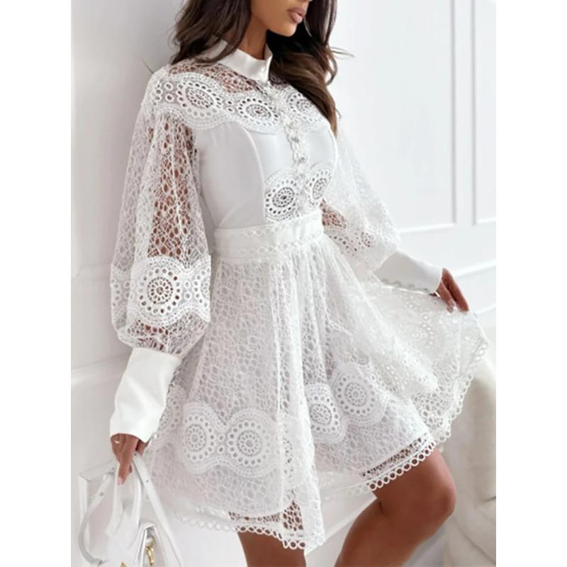 Spring Summer Women Solid O-Neck Mini Dress Loungewear Fashion Hollow Out Lantern Sleeve Ladies Party Dress Streetwear Vestidos
