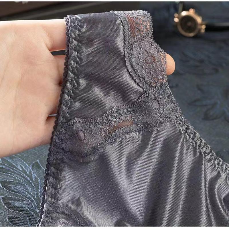 Woman Underwear Thongs Sexy Ice Silk Low-Rise Solid Panties With Lace Lingerie Female Intimates
