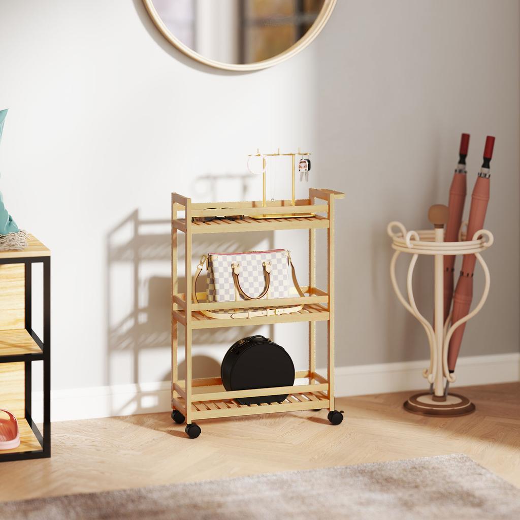 Serving Cart, 3 Tiers, Slatted Shelves, Fall Protection, Bamboo, 55 x 20 x 75 cm