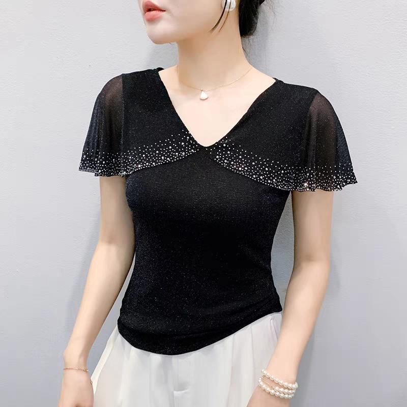 New European Women's T-Shirt Clothes Sexy V-Neck Chic Ruffles Hot Diamonds Tops Shirts Summer Short Sleeve Slim Mesh Tees