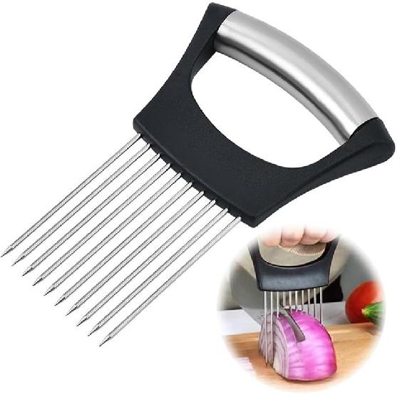 Onion Holder for Slicing, Upgrade Stainless Steel Onion Slice Holder Lemon Slicer Vegetable Cutter, Assistant Tool for Slicing Fruit, Potato, Tomato 1 Pack