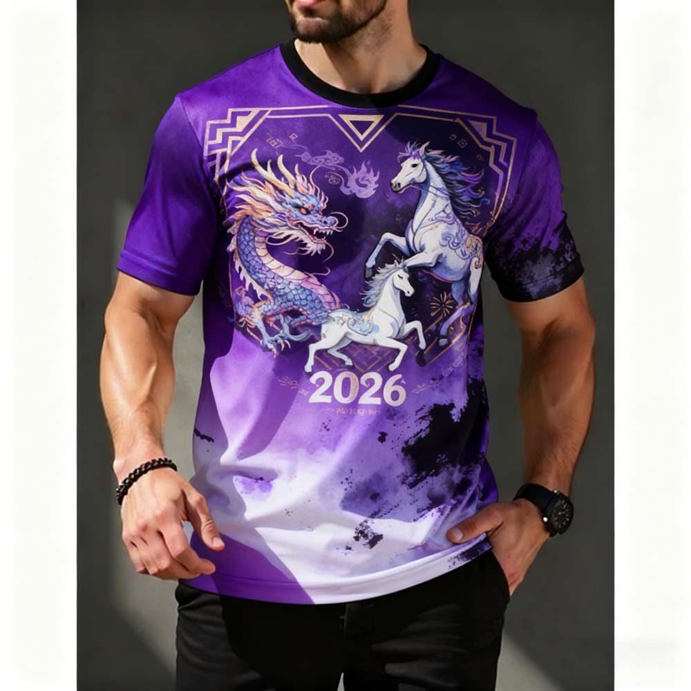 2026 New Year Men's T-Shirt Dragon & Horse Print Brown Gradient Casual Tee with Blessing Text