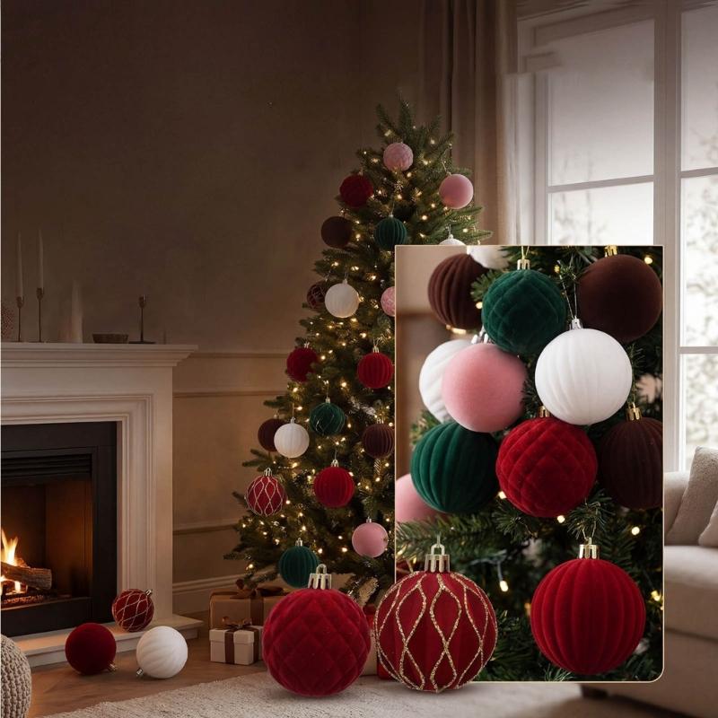 24Pcs Sparkling Velvety Christmas Ball Decorations Shatterproof Decorative Baubles Ornament for Christmas Tree Mantels