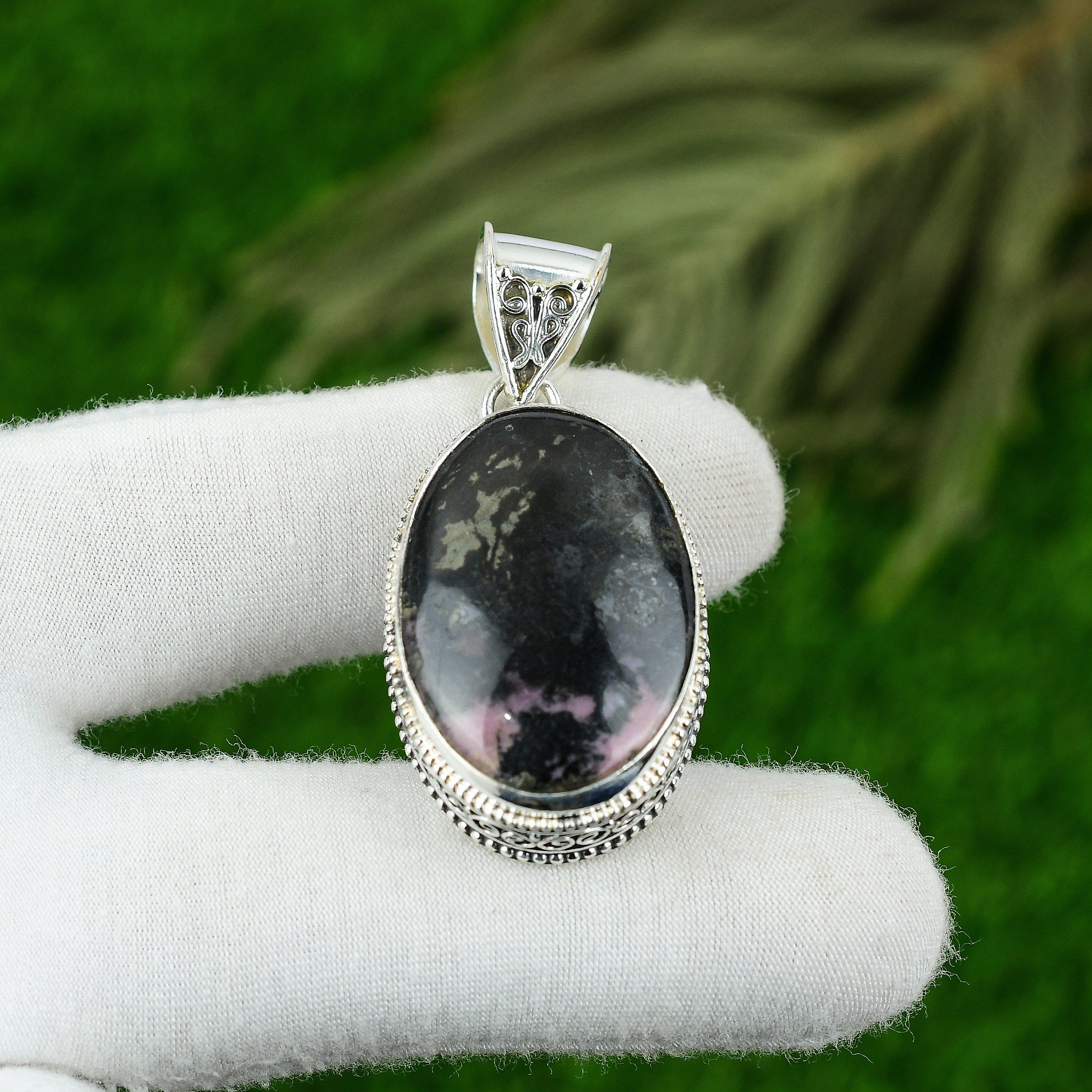 

Oval Rhodonite Stone Mother Ethnic Vintage Art Deco Pendant 925 Sterling Silver