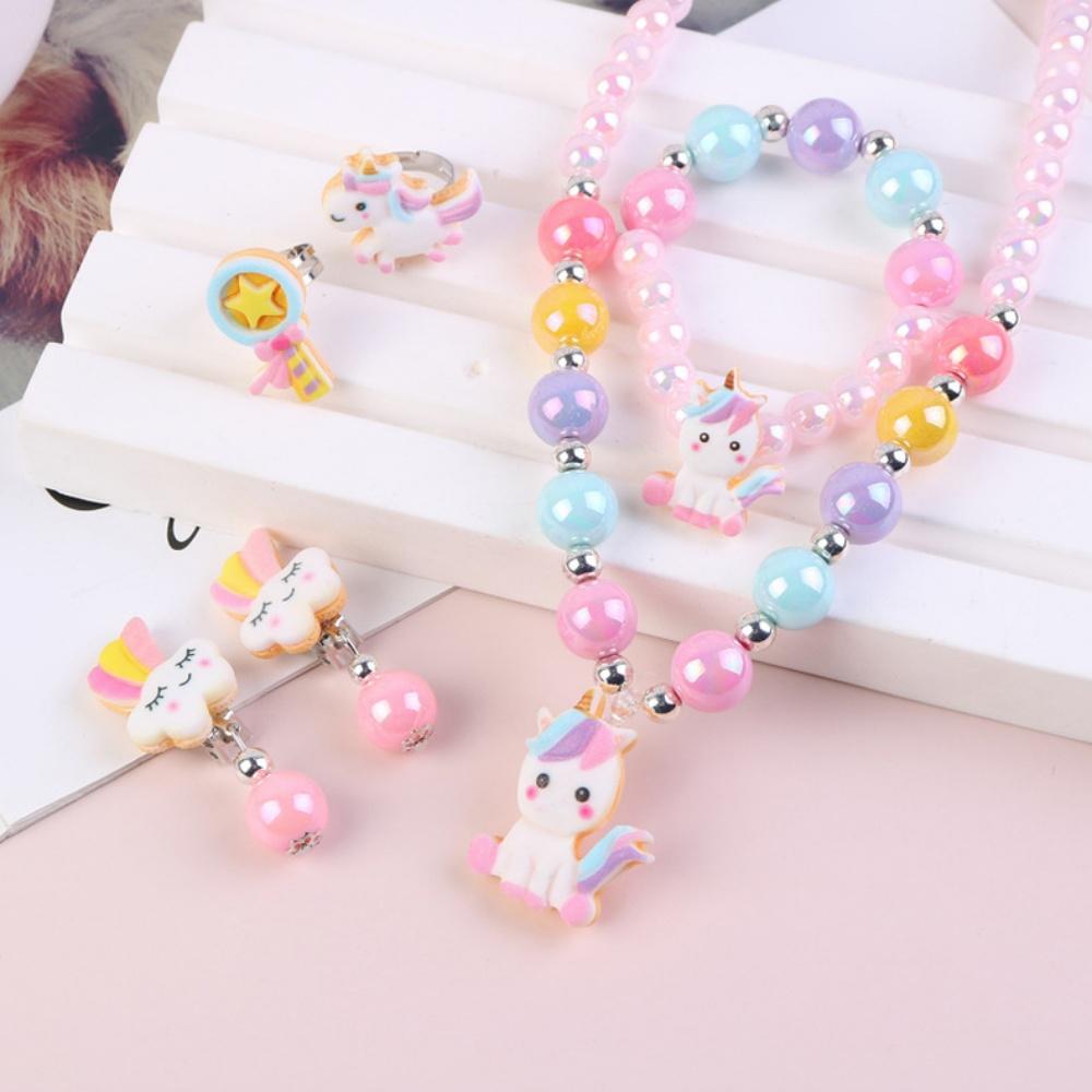 Ensemble Collier Bracelet pour Enfants Mignon Dessin Animé Licorne Filles Collier Étudiant Perles Zircon