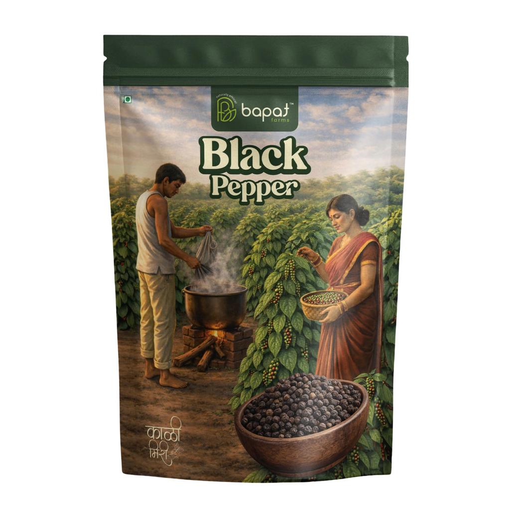 Bapat Farms Black Pepper, Premium Handpicked Whole Kali Mirch, Bold Flavour & Fresh Aroma, for Cooking, Seasoning & Gourmet Dishes, 200g