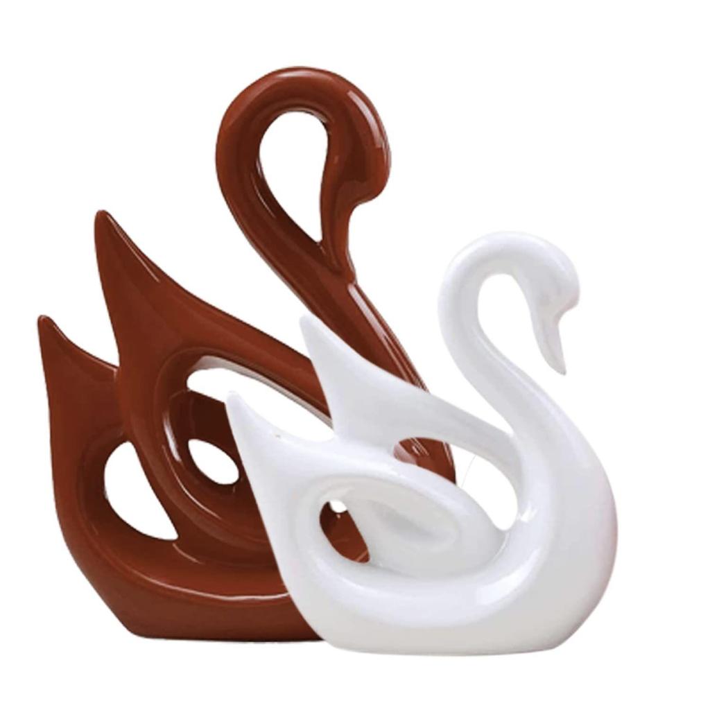 Lucky Swan Couple Piano Finish Ceramic Figures for Home Decor (Set of 2 Pc, Large, Brown & White)
