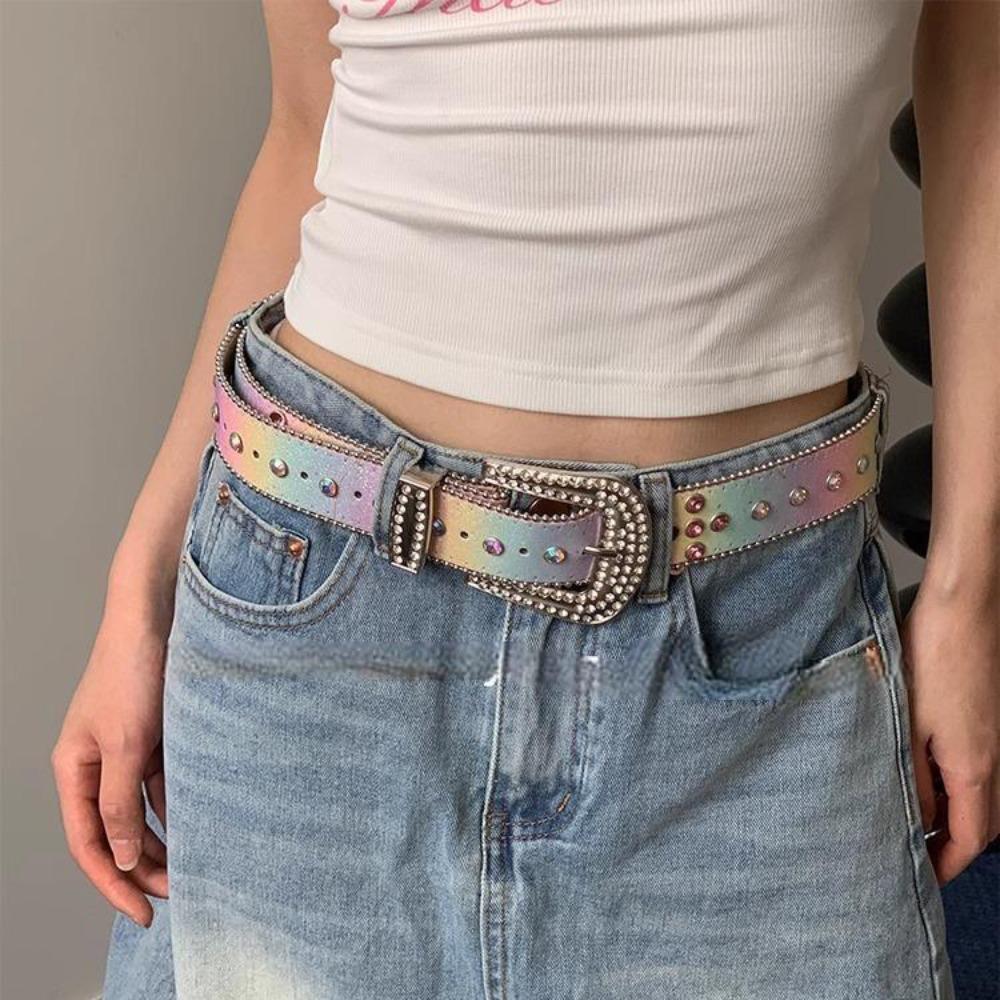 Shiny Retro Y2k Belt Gradient Pink Jeans Waistband Adjustable Rhinestone Waistband  Lady