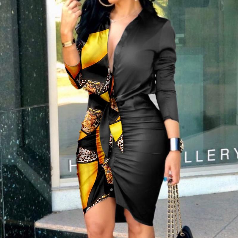 BITCED Women's Summer V-Neck Tie Solid Colour Long Sleeve Mid-Length Shirt Dresses