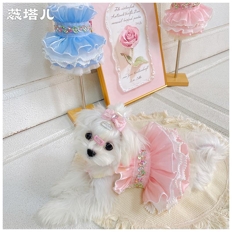 Puppy Dog Summer Skirt Clothing Pink Blue Simple Crystal Lace Sling Dresses For Small Medium Dog Chihuahua Pet Dog Clothes XXS-L