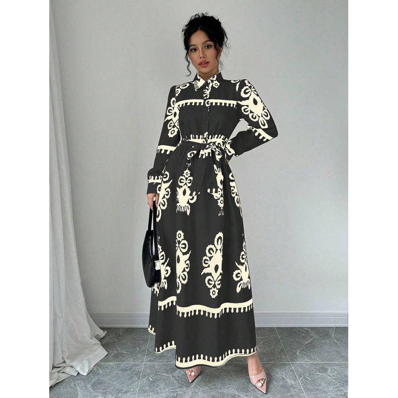 

Spring and Autumn New European and American Fashion Commuter Lapel Single-Breasted Print Lace-up Waist Hugging Long sleeve Shirts Dress Long dress 2 black apricot flowers M