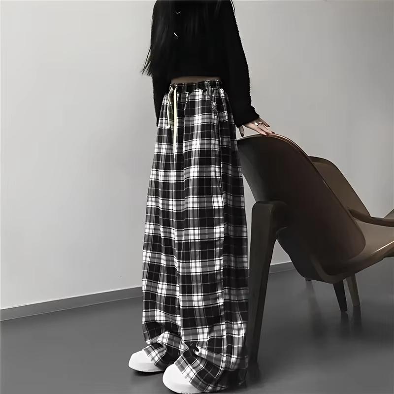 Pantaloni largi cu talie înaltă, versiune coreeană pentru femei, casual, drepți, cu culori contrastante, carouri, talie elastică, pantaloni lungi