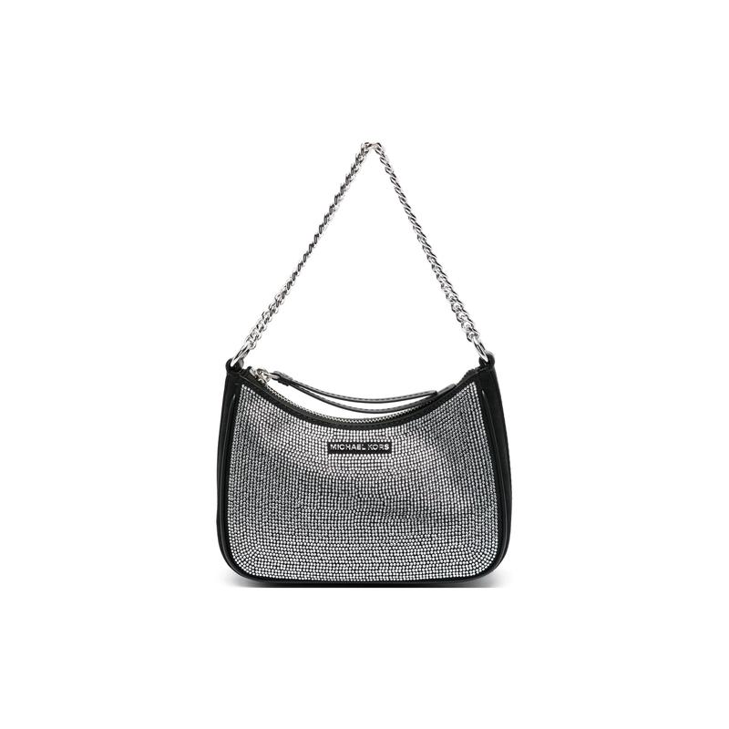 MICHAEL KORS Rhinestone embellished logo zipper closure, calfskin, shoulder handbag, women s black чёрный