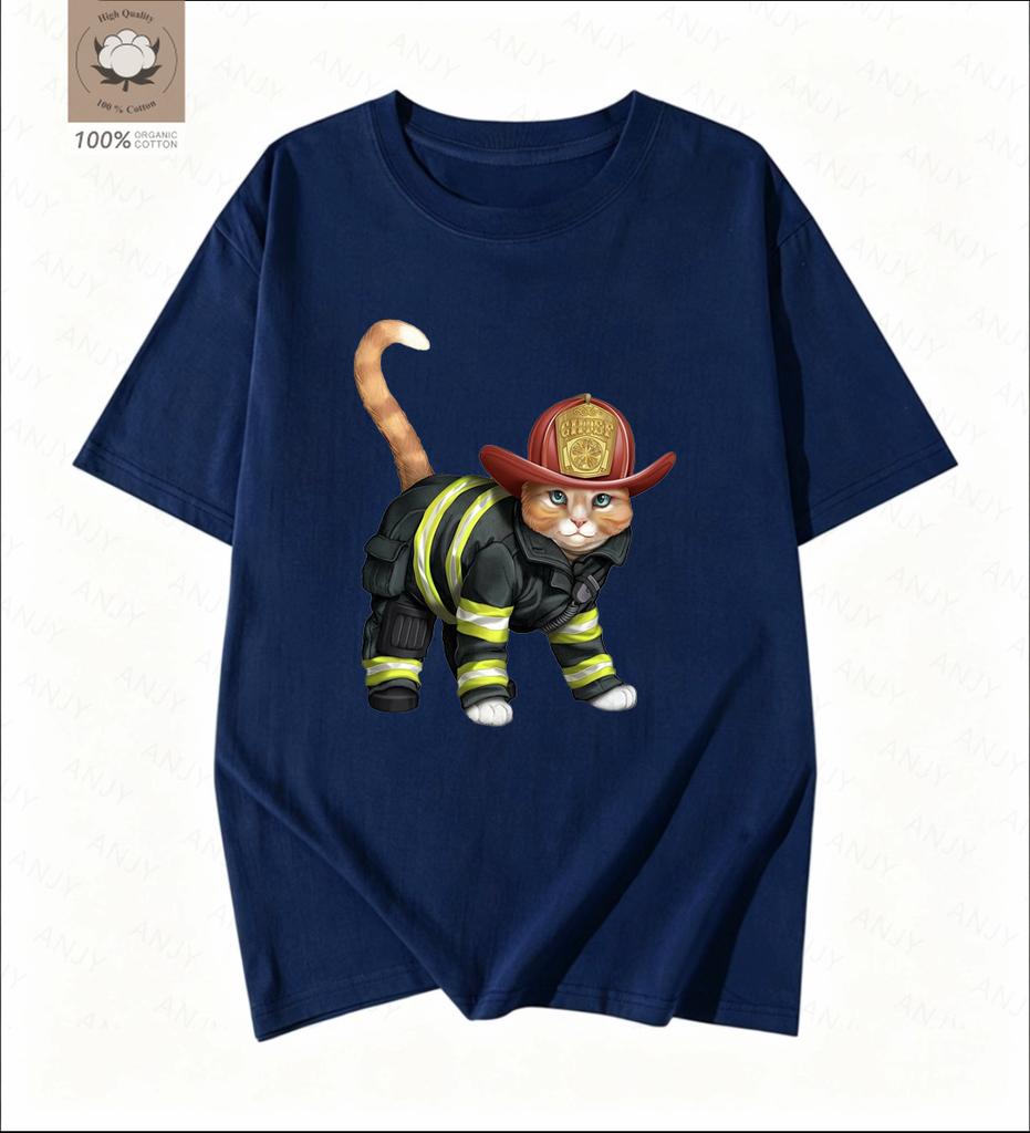 Simple Cartoon Firefighter Printed Tshirt Pays Tribute To The Daily Commuting Short Sleeved Reverse Traveler