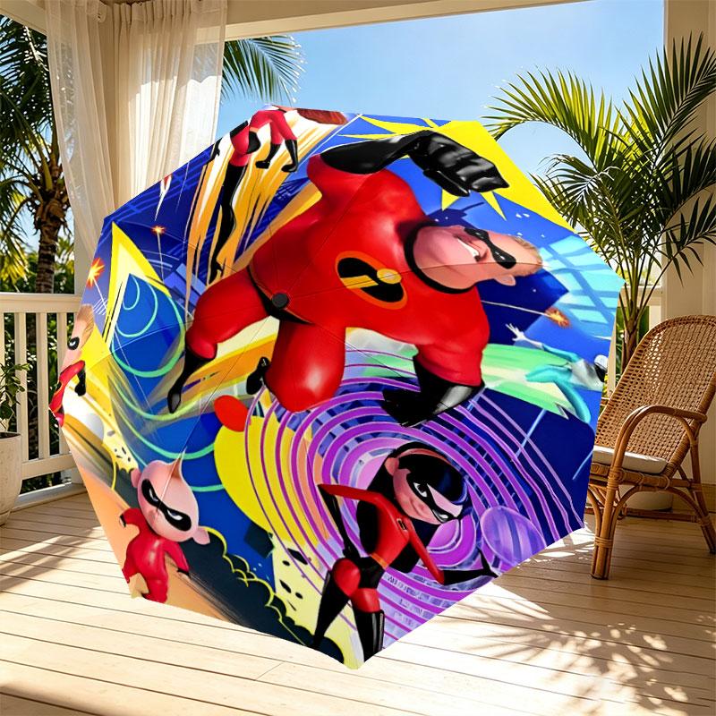 Incredibles Print Automatic Open Close Umbrella, Portable Foldable Umbrella, for Outdoor Commute Camping Trip, Ideal Birthday Gift