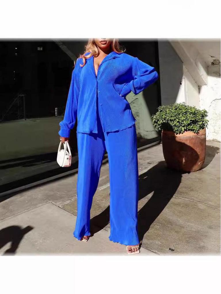 European and American Autumn Pleated Cardigan and Wide Leg Pants Set for Women