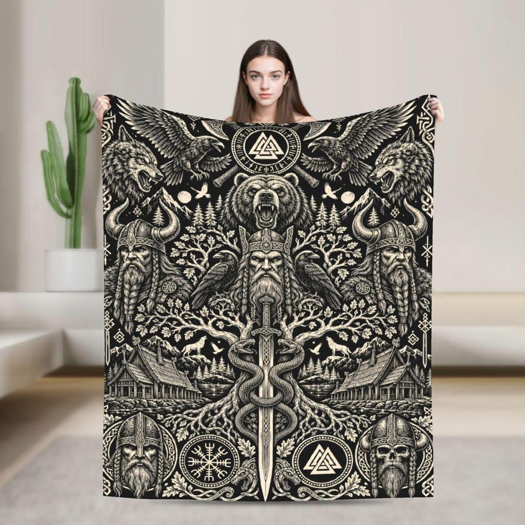 Viking Mythology Flannel Blanket, Norse Odin Yggdrasil Throw Blanket, Dark Gothic Rune Room Decor, Unique Viking Warrior Gift