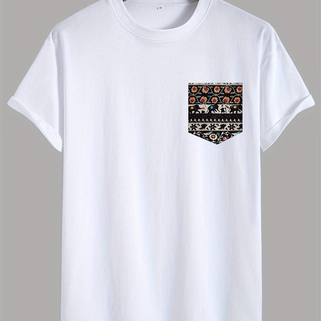Unisexs pure cotton fashionable casual loose ethnic style pocket pattern printed round neck short sleeved Tshirt top