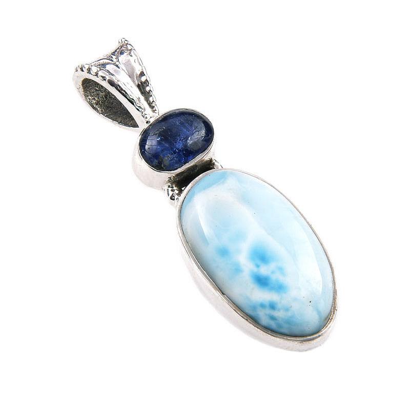 Natural Republic Larimar,Kyanite 925 Solid Sterling Silver Pendant 1.25'' D5e08